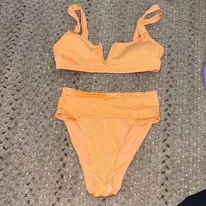 Orange Textured V‑Notch Bikini Set